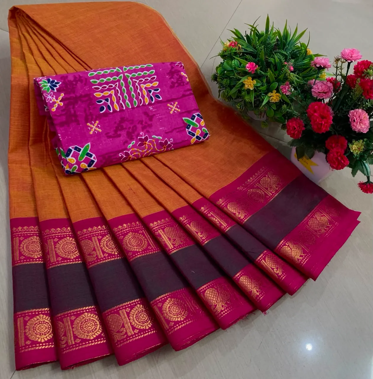 Cerise Pink Chettinadu Pure Cotton Saree with Kalamkari Blouse